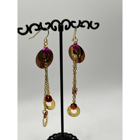 Shiny Pink Gold-Tone Long Dangle Earrings Vintage! - Picture 4 of 9